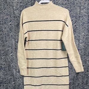 Elegant Cream and Black Striped Long Sleeve Dress